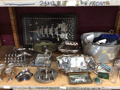 Lot 511 - Selection of plated ware including cake stands, stewing pan and other wares, plus inlaid Mother of Pearl oriental style tray