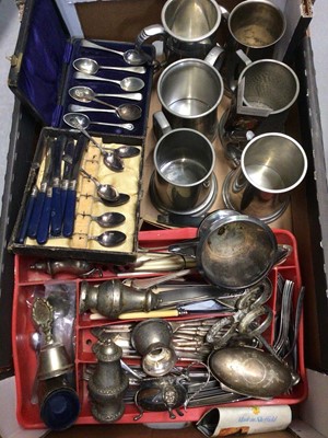 Lot 284 - Two boxes silver plated ware, cutlery, tankards, glass and sundries