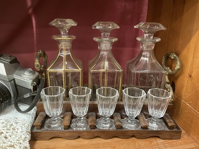 Lot 202 - Decanter and glasses stand, cameras, jewellery boxes and textiles