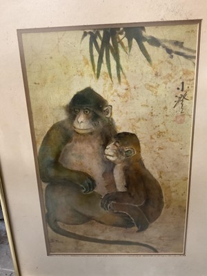 Lot 180 - Chinese watercolour depicting a monkey, signed S Teng, and various other pictures