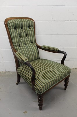 Lot 1003 - Victorian rosewood framed open elbow easy chair with buttoned striped upholstery