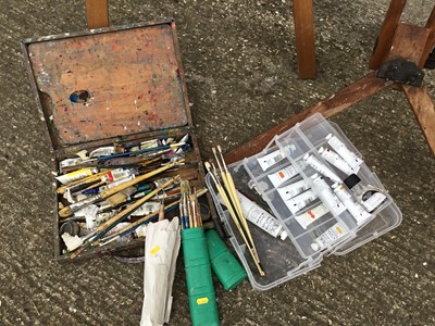 Lot 324 - Two folding easels, paint box with contents and related items