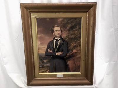 Lot 99 - Pair of Victorian English School watercolours on paper laid on canvas - portraits of a lady and gentleman, in glazed gilt frames