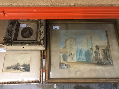 Lot 85 - C. J. James, 19th century watercolour - Continental Town, 19th century English landscape and a monochrome portrait, each framed (3)