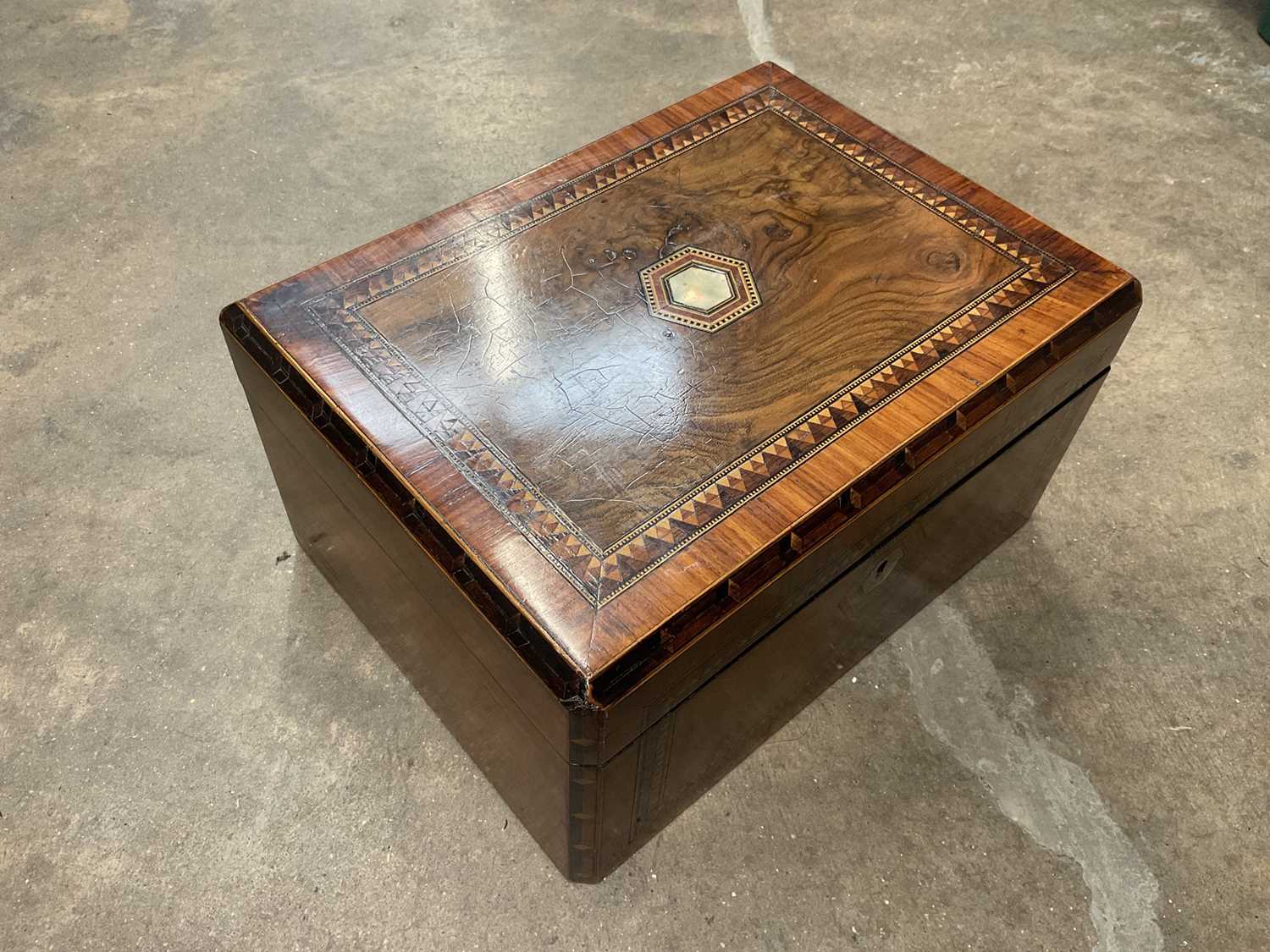 Lot 162 - Victorian inlaid walnut sewing box with contents