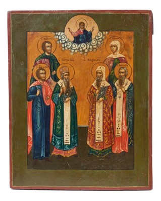 Lot 788 - 18th / 19th century painted Russian icon depicting a group of saints