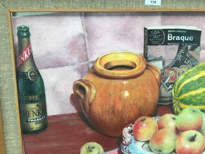 Lot 119 - Patrick Julian Fisher (1930-1987) oil on canvas board - still life with Braque book, signed