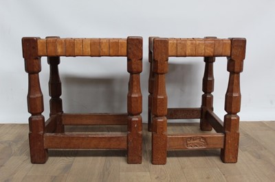 Lot 1323 - Pair of oak and woven leather stools, by David Langstaff in the Mouseman tradition