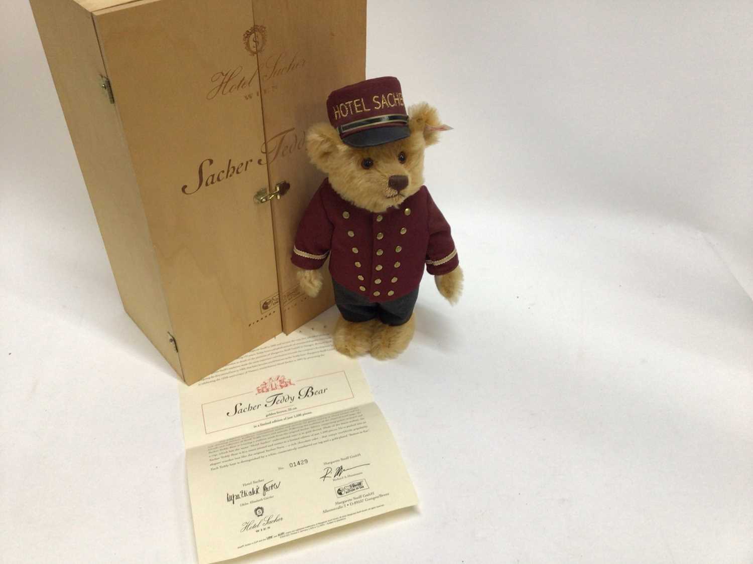 Lot 1815 - Steiff  Bear Horst Lichter 674471 in box with certificate and Hotel Sacher bear 660603 in wooden box with certificate.