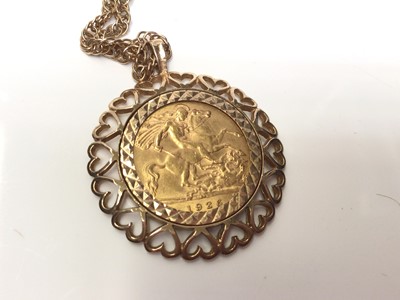 Lot 62 - George V gold half sovereign, 1926, in 9ct gold pendant mount on 9ct gold chain