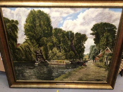 Lot 595 - Large gilt framed oil on canvas - Harlow Mill Lock by Roger Hearn