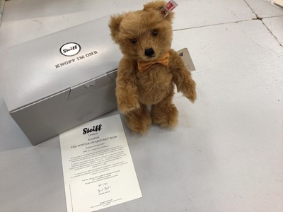 Lot 1821 - Steiff Bears Swarovski Summer 690273, Winter 664397Autumn 662362 and Spring 690242.  Plus The World's First Teddy Bear 664946 and 2017 Harrods Teddy 690419.  All boxed and with certificates. (4)