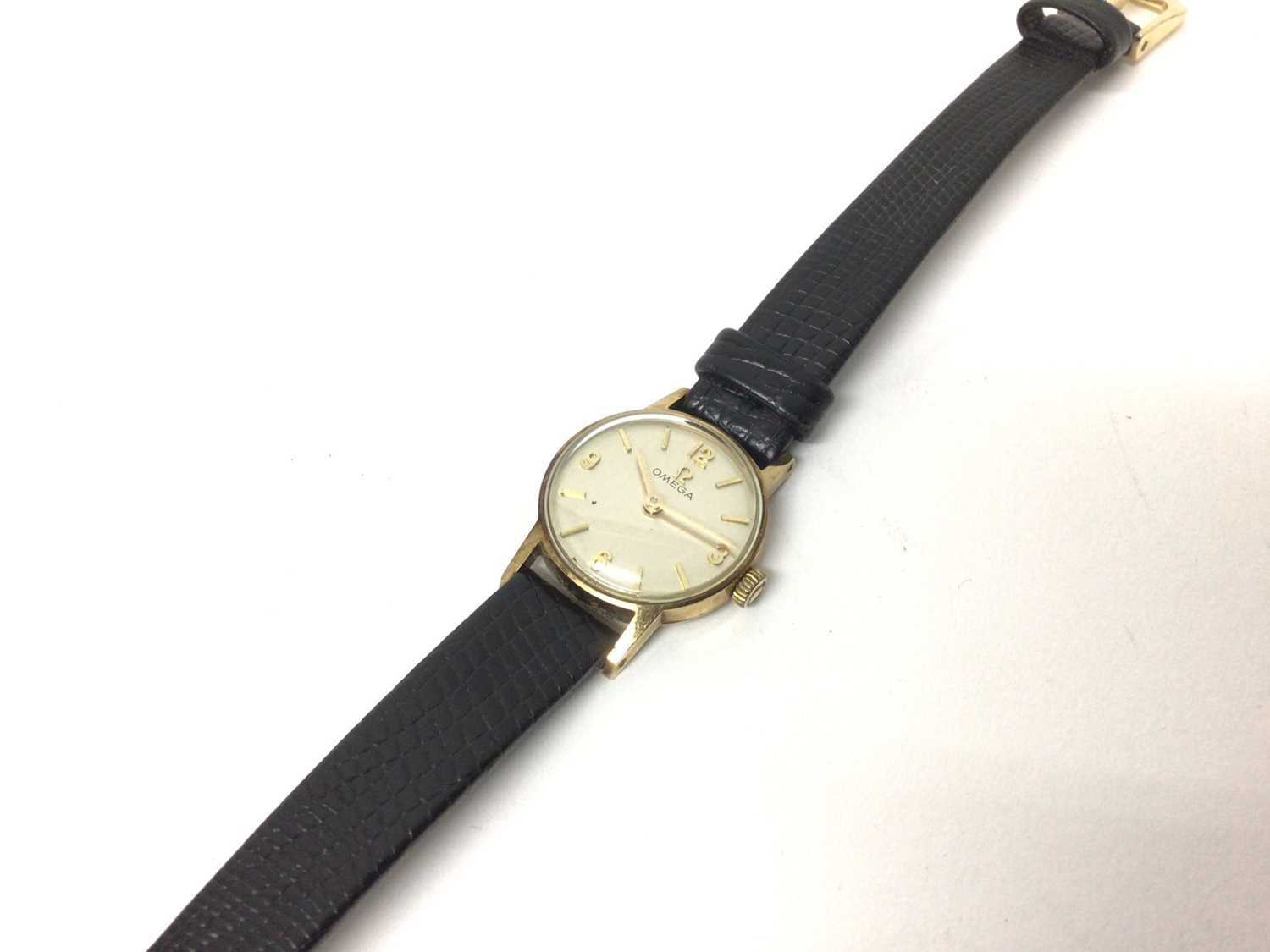 Lot 70 - 9ct gold ladies Omega wristwatch on leather strap
