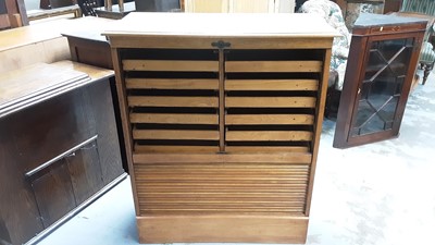 Lot 851 - Edwardian oak double filing cabinet with tambour shutter, 92.5cm wide, 42cm deep, 111cm high