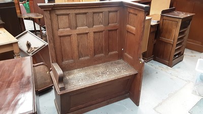 Lot 855 - Victorian oak pew/settle with panelled back, 99cm wide, 51cm deep, 125cm high