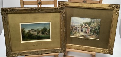 Lot 19 - After Myles Birket Foster RWS (1825–1899) two signed watercolours - ‘Furness Abbey’ 20cm x 13cm and mother with children at a stile 23cm x 16cm, in gilt frames (2)