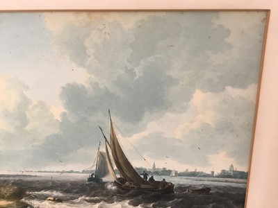 Lot 40 - Dutch School 19th century watercolour - river scene with town beyond, marked Van Der Brock, 49cm x 33cm