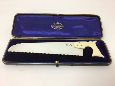 Lot 98 - Victorian silver cucumber saw with carved ivory handle (London 1893), J Bell & L Willmott, in original case retailed by Goldsmiths & Silversmiths Company, 19.5cm long