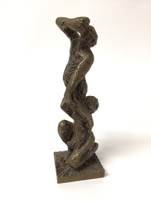 Lot 101 - Ernest Bottomley (British, 1934 - 2006), bronze sculpture of two figures, on square base with initials EB, 18cm high