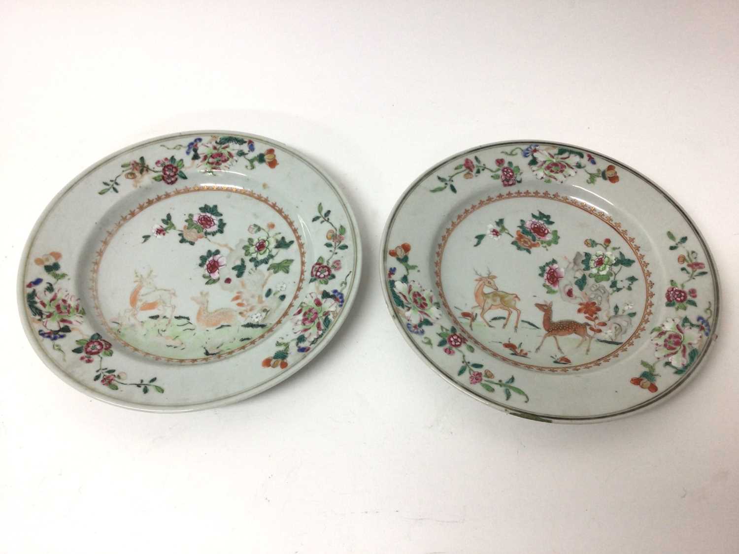 Lot 113 - Pair of 18th century Chinese famille rose porcelain plates, decorated with deer, 23cm diameter