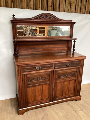 Lot 871 - Late Victorian walnut two height sideboard with raised bevelled mirror back, two drawers and two carved panelled doors below, 118cm wide, 45cm deep, 158cm high