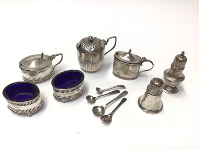 Lot 69 - Three silver mustard pots, pair silver salts and two silver pepperettes