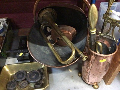 Lot 522 - Copper coal bucket with shovel and fire side utensils plus set of scales and weights