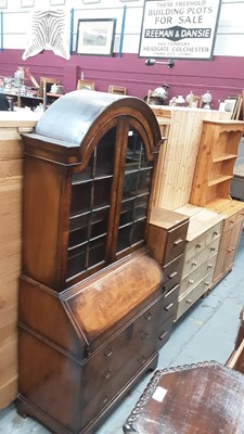 Lot 880 - Good quality Georgian style walnut dome top bureau bookcase, with shelves above enclosed by two glazed doors, fitted interior,  two short and two long drawers below, 93cm wide, 49cm deep, 198cm hig...