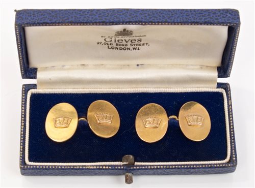 Lot 8 - Pair gold (9ct) Naval cufflinks - each oval...