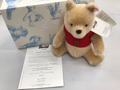 Lot 1844 - Steiff Tannenbaum Musical Bear 682926, Winnie Pooh 355004, Frederick 02175 and Baby 25cm 421211.  All boxed and with certfifcates. (4)