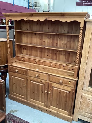 Lot 889 - Large pine two height dresser with open shelves and four short drawers above, three drawers and three panelled doors below, 156.5cm wide, 47cm wide, 190cm high