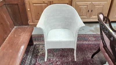 Lot 892 - White Lloyd Loom style chair, together with a bedside cabinet and a linen box (3)