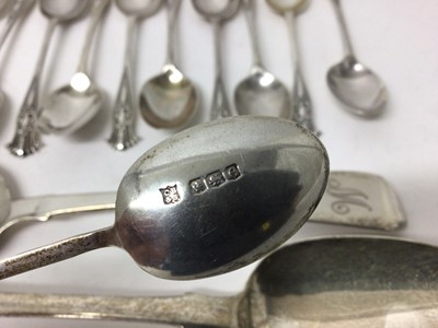 Lot 120 - Pair of Georgian silver tablespoons, together with a set of eleven silver teaspoons, another set of six, and two other silver spoons