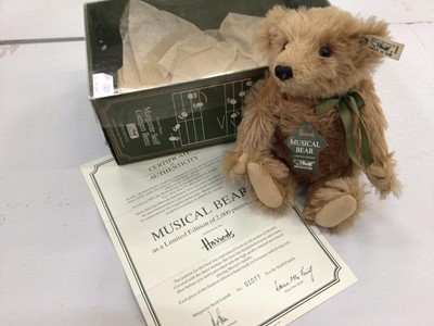 Lot 1883 - Steiff Replica 1926 Bear 407215, Harrods Musical Bear 650369, Pocket Alfonzo 66429 and Little Elephant Pincushion 420313.  All boxed and with certifcates.