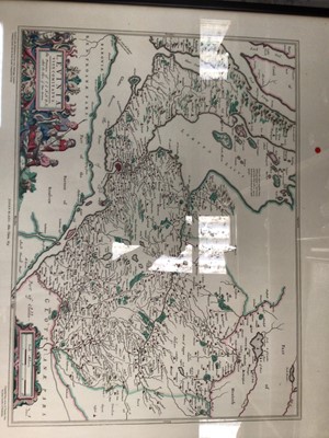 Lot 519 - Printed reproduction map of the province of Lennox called the shore of Dun-Britton, circa 1654, four hunting scene prints engraved by E Bell and other pictures plus two guilt framed mirrors