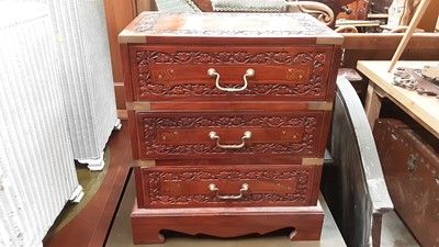 Lot 899 - Brass bound hardwood chest of three drawers, 49cm wide, 32cm deep, 53.5cm high