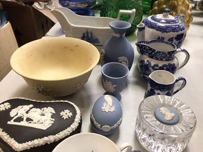Lot 261 - Group decorative ceramics including Wedgwood Jasperware, crested ware, Copeland Spode cup and saucer, Coalport coffee can and saucer etc