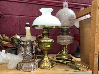Lot 546 - Victorian brass oil lamp, converted electric light oil lamp and converted electric glass candle light