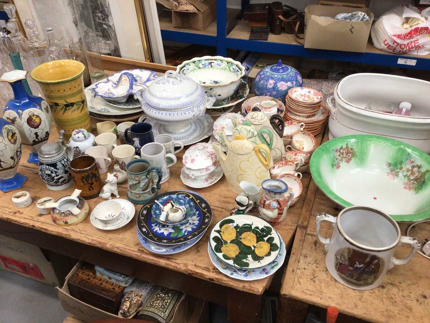 Lot 11 - Victorian and later ceramics, including tureens, teawares, Toby jugs, a Wemyss plate, etc