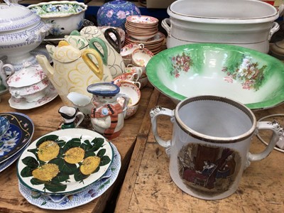 Lot 11 - Victorian and later ceramics, including tureens, teawares, Toby jugs, a Wemyss plate, etc