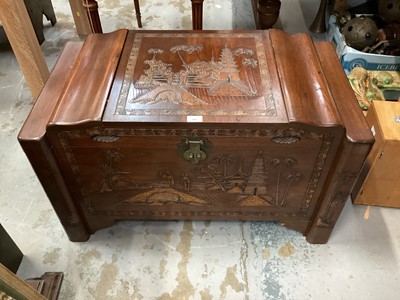 Lot 907 - Good quality Oriental camphor wood trunk with carved decoration, 90cm wide, 46cm deep, 54cm high