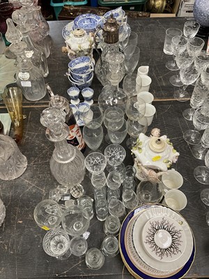Lot 152 - Collection of decorative glass and ceramics including pair of Sitzendorf oil lamp bases, decanters, etc