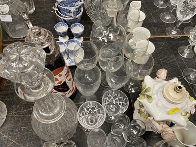 Lot 152 - Collection of decorative glass and ceramics including pair of Sitzendorf oil lamp bases, decanters, etc