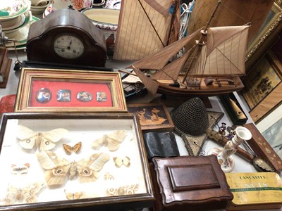 Lot 274 - Two wooden model ships, mantle clock, various boxes, umbrellas and walking sticks, case of butterflies, pictures and sundries