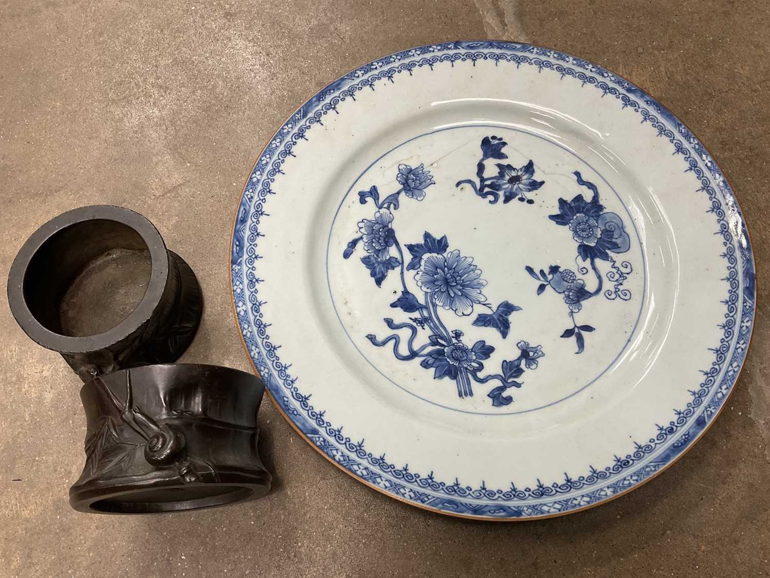Lot 161 - 18th Chinese export blue and white dish, together with a pair of bronze brush holders