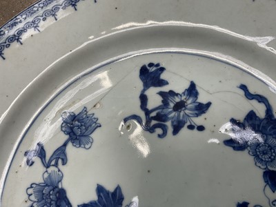 Lot 161 - 18th Chinese export blue and white dish, together with a pair of bronze brush holders