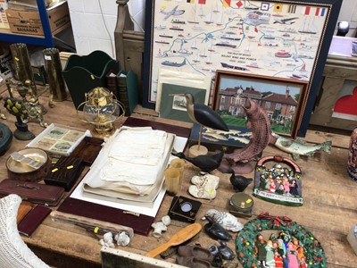 Lot 15 - Sundry items, including antique clay pipes, pictures, bird ornaments, child's christening dresses