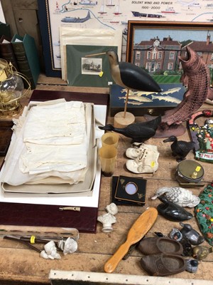 Lot 15 - Sundry items, including antique clay pipes, pictures, bird ornaments, child's christening dresses