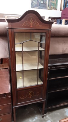 Lot 911 - Edwardian inlaid mahogany display cabinet with shelved interior enclosed by glazed and panelled door on square taper legs with spade feet, 61cm wide, 33cm deep, 182cm high