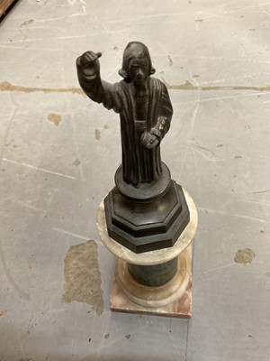 Lot 160 - Antique bronze figure of John Wesley, raised on marble and alabaster column, 28cm high